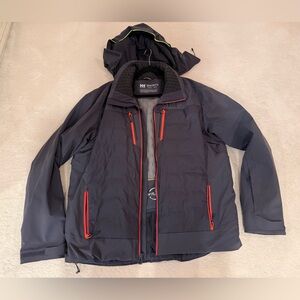 Helly Hansen Men's Dark Blue Ski Jacket with removable hood and neon accents